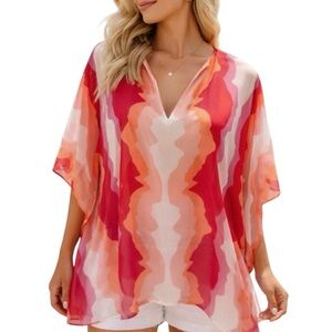 Crosby Colorful Pink Multi Semi Sheer Kimono  Blouse Top